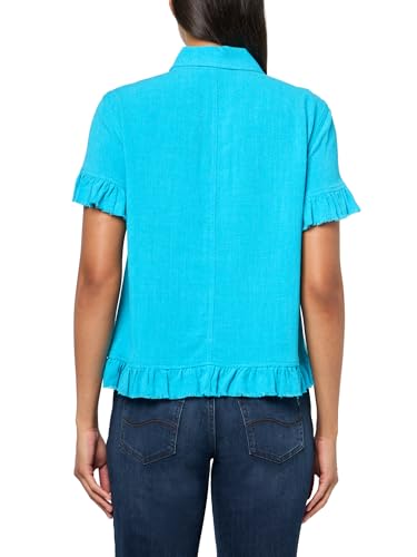 SLIM-SATION Women's Petite Short Sleeve 2 Pockets Ruffle Hem Jean Jacket2