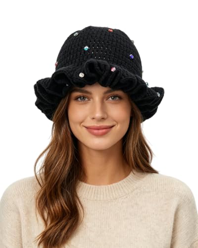 Image of Women Crochet Bucket Hat Cute Winter Ruffled Brim Floppy Cap Handmade Knit Cloche Hats