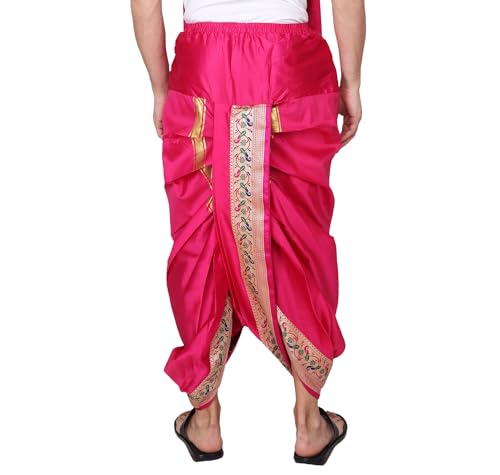 Image of Rameshwaram Fabrics Readymade Dhoti for Men, Velcro Style Stitched Mens Silk Dhoti Pant with Stole Set