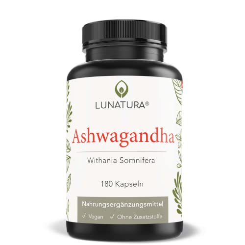 Lunatura Ashwagandha Kapseln I 180 Kapseln hochdosiert I 750 mg Premium Ashwagandha Extrakt je Tagesdosis I Natürlich vegan & ohne Zusatzstoffe I Withania Somnifera I Original Indische Schlafbeere Cover