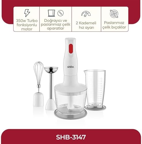 Sinbo SHB-3147 Blender Seti, 3'ü 1 Arada, 350W Turbo Fonksiyonlu Motor, Paslanmaz Çelik Doğrayıcı, El Blenderı, Çırpıcı - Görsel 2