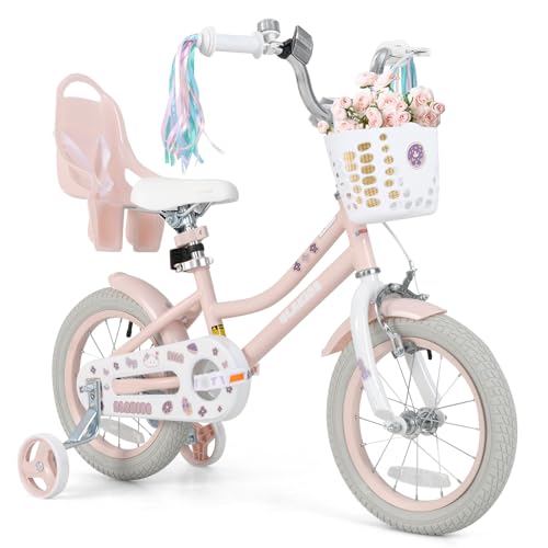 Image of Olakids Kids Bike, 12 14 16 18 20 Inch Girls Bicycle with Doll Seat Basket Adjustable Seat and Handlebar, Handbrake and Coaster Brake