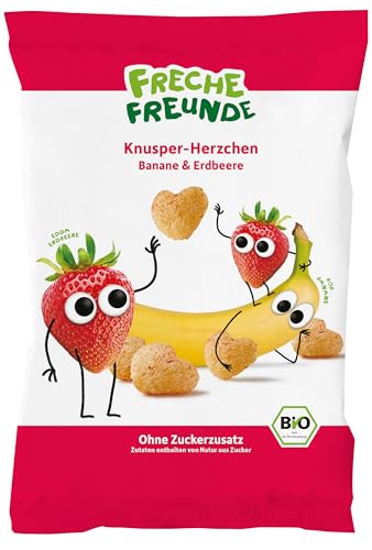 FRECHE FREUNDE Bio Knusper Herzchen aus gepufftem Mais, mit Bananen und Erdbeerpulver, fruchtig-süße Knabberei für Kinder, vegan, glutenfrei, 9er Pack (9 x 30g)