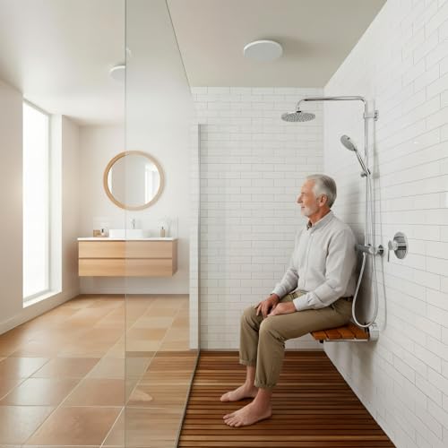 20 inchs Teak Folding Shower Seat Wall Mounted,Fold Down Shower Bench for Shower Space, Home Care Teak Wood Stool for Inside Shower,Pregnants-Maximum Load 440lb (Glossy & Yellow)