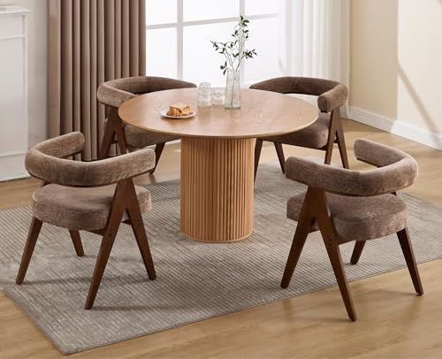 CIMOTA Barrel Wooden Dining Chairs with Arms Set of 4, Farmhouse Fabric Upholstered Kitchen Chairs with Walnut Wood Legs Contemporary Armchairs Accent Side Chairs for Dining Living Room,Chenille Khaki