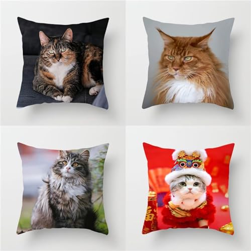 動物 猫 クッションカバー 60x60cm 北欧 おしゃれ 可愛い エレガント ソファ背当て 腰クッション 両面 亜麻 洗える クッション カバー 隠しジッパー アウトドア 装飾 枕カバー 4枚セット 贅沢 スタイル ソファ用 寝室用 クッション 昼寝 ギ