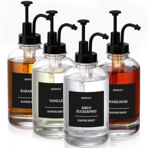 4er Set Sirup Spender für Kaffee Sirup - Glas Glasflaschen mit Pumpe & 24 schwarzen Etiketten (Deutsch) - Sirupspender für Kaffee Bar Zubehör - 500ml Kaffeesirup Spender Set-Black