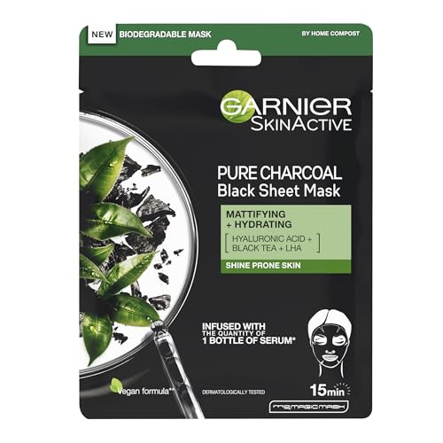 Garnier Pure Charcoal and Black Tea Sheet Mask, Purifying and Hydrating Face Mask With Hyaluronic Acid, LHA & Black Tea Extract, Mattifies Shine Prone Skin, Vegan Tissue Mask 28g