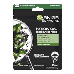 Garnier Pure Charcoal And Black Tea Sheet Mask, Purifying And Hydrating Face Mask With Hyaluronic Acid, LHA & Black Tea Extract, Mattifies Shine Prone Skin, Biodegradable & Vegan Tissue 28g
