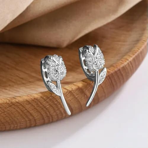 Elegante Pendiente de botón Chapado en Oro y Plata 925 con Forma de Rosa y circonita cúbica, Regalo para Mujer, un par