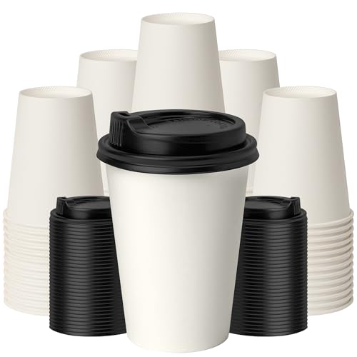 ECOEXTRA 12 oz Coffee Cups with Lids 100 Pack, White Leak-Proof Disposable Coffee Cups for Hot/Cold Beverages, Party Supplies, To-Go Paper Cups for Coffee, Tea, Office, Picnic