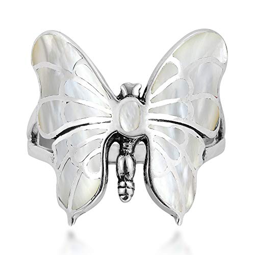 AeraVida Exotic Graceful Butterfly Sterling Silver Ring - White Mother of Pearl Inlay - Casual Comfort Fit - Wedding & Gift Ring - Sizes 6-10