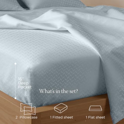 Image of Threadmill 300 Thread Count Cotton Queen Sheet Set, Sateen, Jacquard, Blue | 100% Cotton, Sateen Weave, Jacquard Pattern, 4-Piece Set, 16 inch Deep Pocket, Cooling, Fade-Resistant, Pill-Resistant