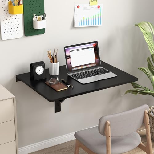 Wall Mounted Folding Table, 31.5" x 23.5" Floating Desk for Small Space, Countertop Extension Fold Down, Laundry Folding Table, Hanging Drop Leaf Table for Apartment, Study, Bedroom (Black)
