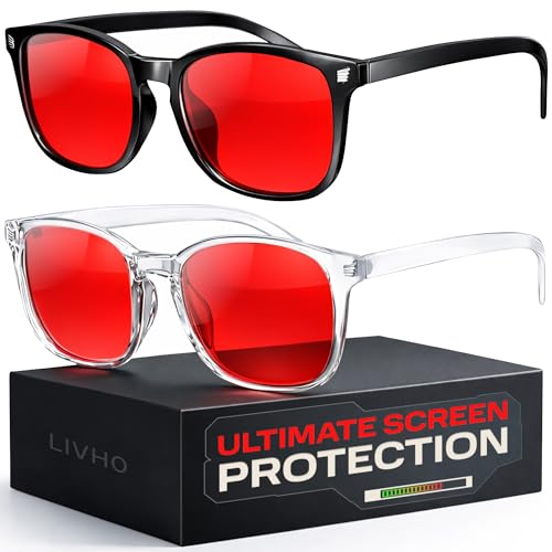 livho Blocking Gaming Glasses Blue Green Light for Computer Sleeping, Dual Coatings Red Lenses, for Women & Men
