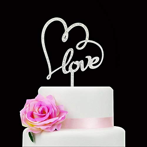 Mr & Mrs Wedding Cake Topper - Glitter Silver Heart with Love for Wedding, Engagement, Anniversary Parties