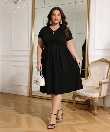Image of RITERA Plus Size Dresses for Curvy Women Short Sleeve V-Neck Summer Dress Floral /Solid Midi Sundress with Pockets XL-5XL