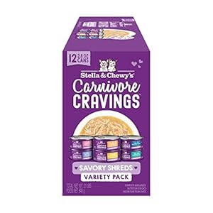 Stella & Chewy’s Carnivore Cravings Savory Shreds Canned Wet Cat Food Variety Pack – (2.8 Ounce Cans, Case of 12)