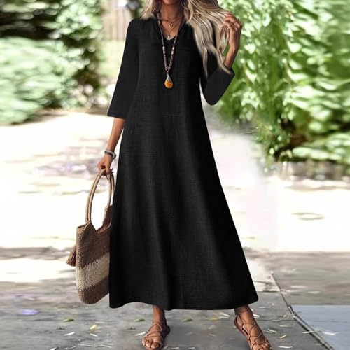 Plus Size Linen Dress for Women V Neck Boho Maxi 3/4 Sleeve Dresses Solid Long Sundress Vacation Outfits2