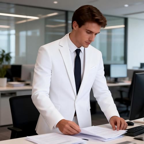 MOGU Blazer for Men, Slim Fit Suit Jacket, Casual Sport Coat with One Button, US Size 40 (40, White)