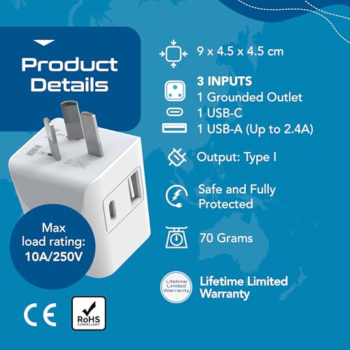 Image of Ceptics Travel Adapter India to Australia Plug Converter, 3 in 1 Australia Plug Adapter, China New Zealand Adaptor Plug with 1 USB, 1 USB-C, Type I for Laptops, Phones, CE - RoHS, White - 1 Pack