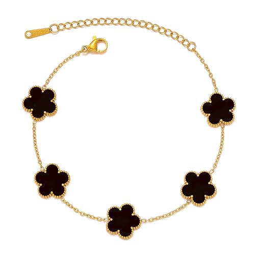 Five Leaf Clover Bracelet for Women-18K Gold Plated Lucky Link Grass Bracelets Stainless Steel White/Black/Blue/Gold/Crystal Flower Trendy Jewelry Gifts