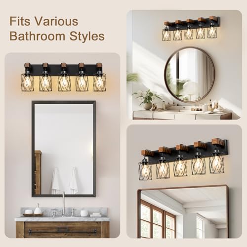 Image of IZORRO Farmhouse Bathroom Vanity Light, 5-Light Wood Bathroom Light Fixtures Over Mirror, Black Industrial Vanity Lights with Metal Shade, Rustic Restroom Lighting Fixtures