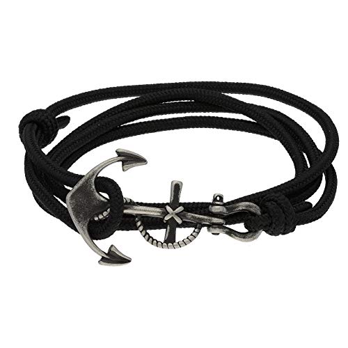 Preisvergleich Produktbild Treuheld® / Anker Armband Freundschaftsarmband / hochwertiges Nylonarmband / 50 cm Länge (Wird doppelt getragen & ist VERSTELLBAR) / für Damen & Herren / in SCHWARZ / Edelstahl-Anker in Antik-Silber