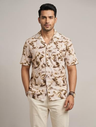 Image of OTTO Men's Cream and Brown Printed Casual Shirt | Slim Fit | Casual Shirts for Men