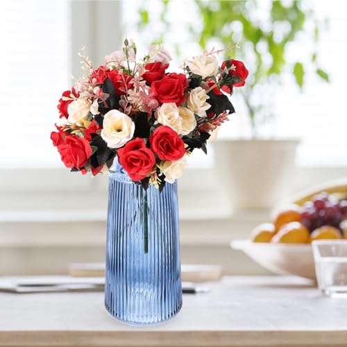 Vase en verre bleu artisanat rétro chic à rayures pour compositions florales