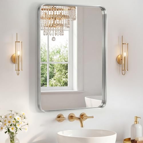 Sweetcrispy Bathroom Mirror 30x22 Inch Metal Framed Rounded Rectangle Vanity Mirror for Wall Over Sink Farmhouse Restroom Anti-Rust Modern Decorative Horizontal or Vertical Hanging Silver