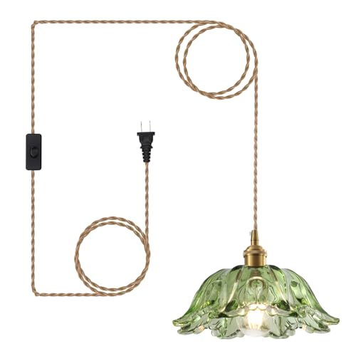 GZJunYo Plug in Pendant Light Fixtures, Hanging Pendant Lights with Plug in Cord, Green Glass Plug...