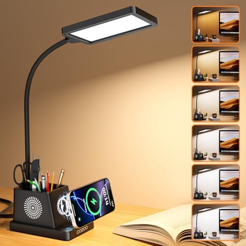Desk Lamp with Wireless Charger, COZOO LED Desk Lamps for Home Office, Eye-Caring LED Light with Pen Holder for College Dorm Room, Gooseneck Table Lamp for Bedside Office Bedroom Study,Dorm Essentials