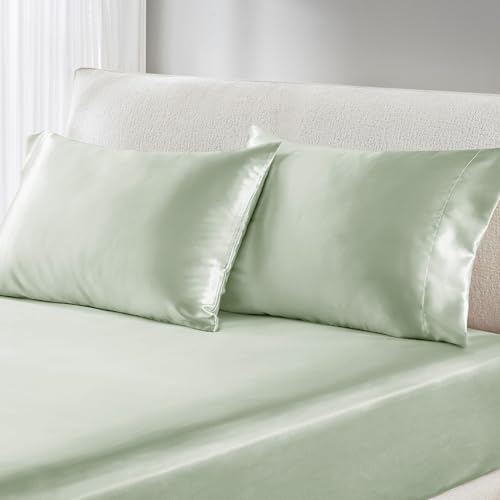 Image of Madison Park Essentials Satin Pillowcase Set of 2, Silky, Standard Sage | Pillowcase Cover for Hair & Skin, Luxuriously Soft, Natural Sheen Luster, Cool to Touch, Wrinkle-Free, Machine Washable