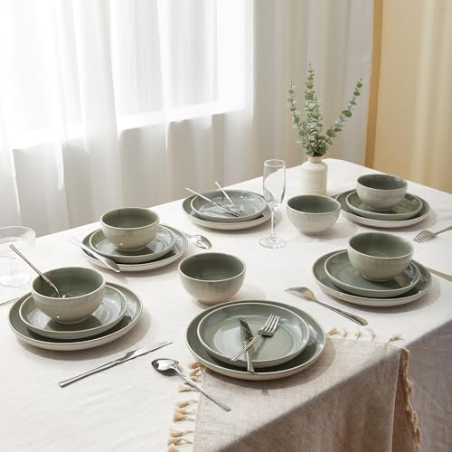 Image of 32 Piece Double Bowl Dinnerware Sets with Pasta Bowls, Highly Chip and Crack Resistant Plates and Bowls Sets, Natural Earthyware Ceramic Dishware Sets, Service for 8 Gradient Green