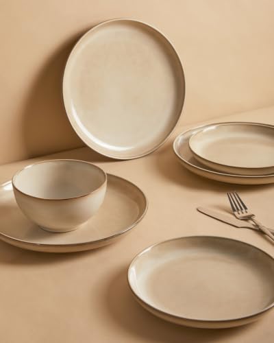Image of Pokini 24 Piece Dinnerware Sets for 8, Modern Stoneware Plates and Bowls Setst, Perfect for Family Gatherings & Holiday Celebrations, Easy Cleaning Dishes Set, Stack Compactly Dishware, Mocha Beige