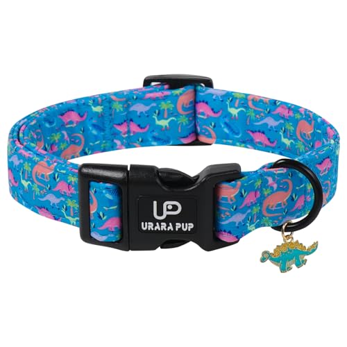 Image of Dinosaur Dog Collar, Summer Spring Cotton Dog Collar, Cute Dino Pattern Adjustable Light Blue Pet Collar, Lightweight Durable Quick Release Buckle with Charm for Male Dogs