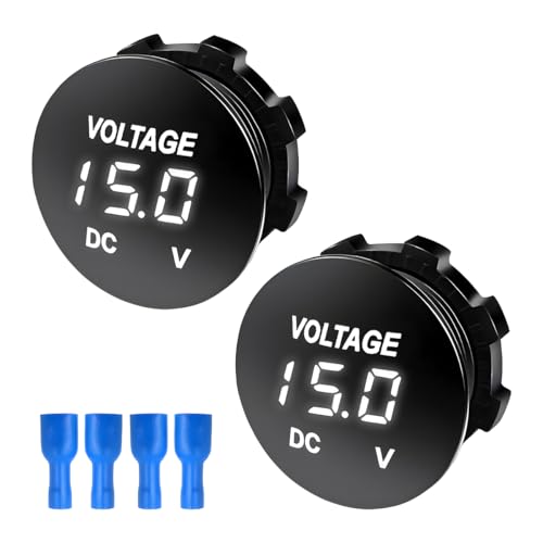 FSTURIOS 2 PCS DC 12V 24 V Voltmeter Gauge, Car LED Digital Display Round Panel Voltage Gauge Meter, Waterproof Mini Volt Tester Battery Monitor Indicator for Car Truck Marine Boat (White)