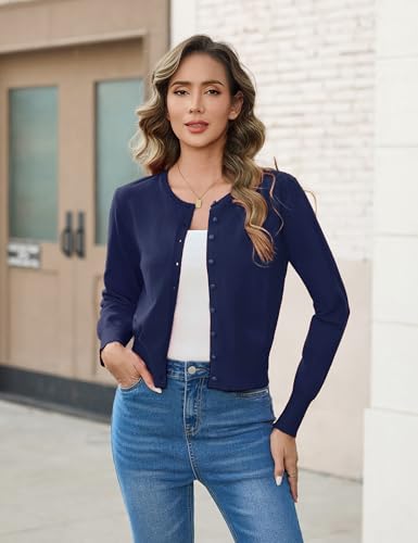 Aottori Strickjacke Damen Elegant Bolero Festliche Leicht Cardigan Kurz Strick Jäckchen Rundhals Einfarbig Bolerojacke Langarm mit Knöpfen für Frühling Herbst Dunkelblau L