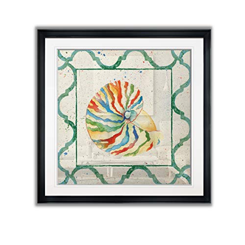 Zebra Nautilus Colorful Seashell Painting Contemporary Art Framed Fine Giclee Canvas Prints Coastal Wall Decor - Black Frame