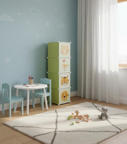 Image of KRISHYAM Kids Modular Storage Cabinet with Cartoon Animal Doors, 4 Cube Plastic Wardrobe Organizer, DIY Closet System with Hanging Rod, Toy & Clothes Storage (Green, 4 Box)