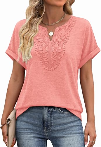 Spring Tops for Women Trendy 2026 V Neck T Shirts Dressy Casual Boho Blouses Summer Clothes Lightweight Tunic for Leggings Coral L