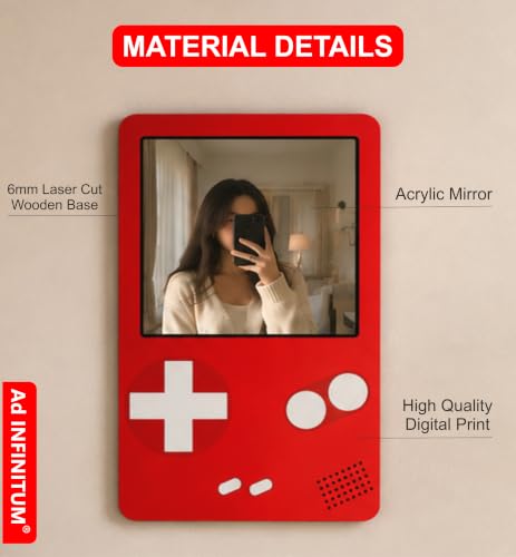 Image of AD INFINITUM Multilayer Wooden Wall Art With Mirror Hanging Decor for Contemporary Home, Bedroom, Living Room, Office etc., (Gameboy RED)