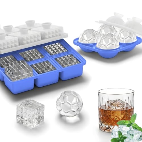 Image of Premium Combo of Large 3D Crystal Square Ice Cube Tray & Football Shaped Silicone Molds for Chilling Drinks, Chocolates, Juice, Jelly and Many More. Pack of 2 (Blue)