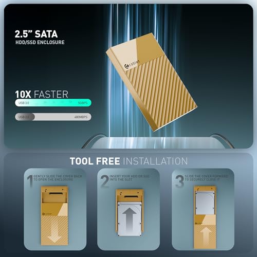 Image of Cablet 2.5 Inch SATA USB 3.0 HDD /SSD Portable External Enclosure for 7mm and 9.5mm, Tool-Free Design, Supports UASP Max 6TB (HD2577-U3-YL)