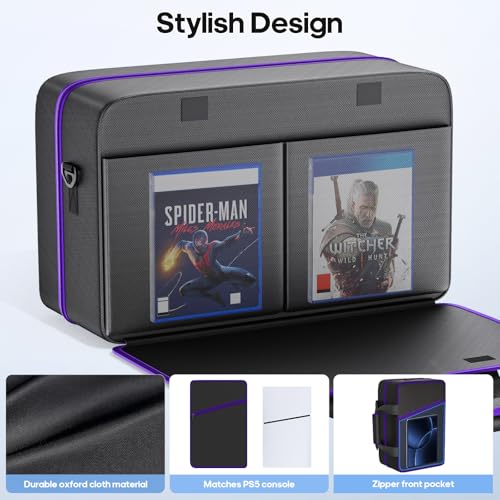 PS5 Tasche kompatibel mit PS 5/Slim/Pro Digital & Disc, 10 Fächer Aufbewahrung PS5 Rucksack für PS Portal, 4 Spielkarten, 2 Controller, PS 5 Reisetasche mit großer Kapazität, Schwarz & Lila Spiele