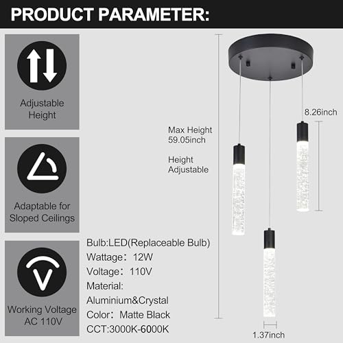 Image of 3 Light Pendant Lights,LED Bubble Crystal Pendant with Dimmable,Black