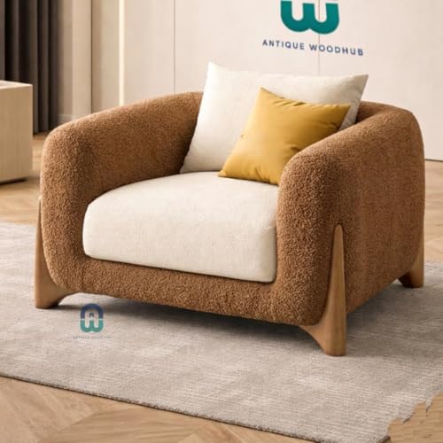 Image of Modern Sofa, Teddy Fabric, Chesterfield Style, Wooden Legs, for Living Room, Bedroom, Hallways (Brown-Off White, 3+1+Ottoman)