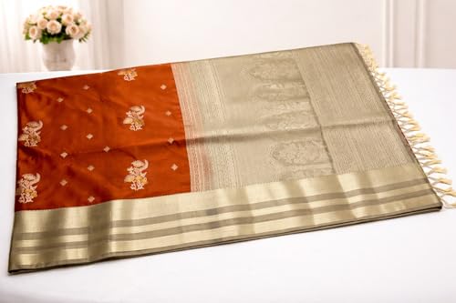 Image of Traditional soft Silk Saree, Rust Orange with Grey Border, Zari Woven Floral Motifs, Tassels