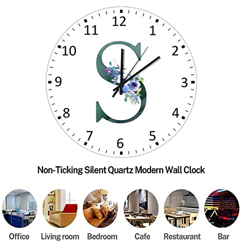 Home Decor Wood Wall Clock,Blue Floral Green Initial Letter S Monogram Alphabet Retro Silent Non-Ticking Battery Operated Rustic Wooden Clock 15 Inch Wall Art For Living Room Bedroom Cafe Pub #TOP5